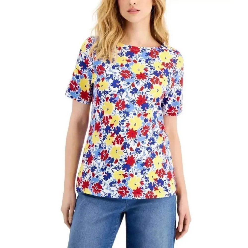 Charter Club Women's Primrose Yellow Combo Cotton Floral Boat Neck Top  Sz S NWT